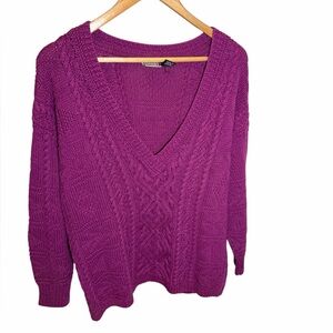 Vintage Paul Et Duffier Sweater M Pink Cable Knit V Neck Made in Hong Kong